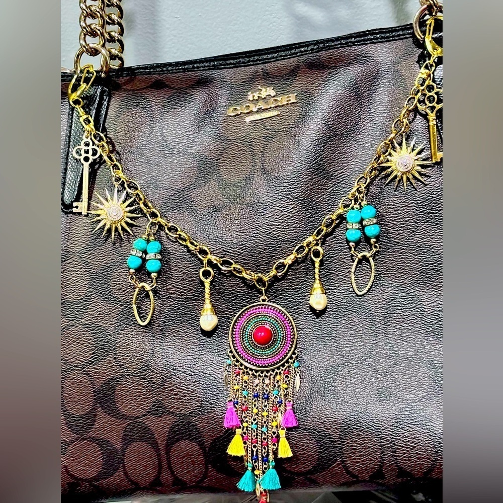 Bohemian Purse Charm With Tassels & Turquoise | OOAK Upcycled Bag Accessory